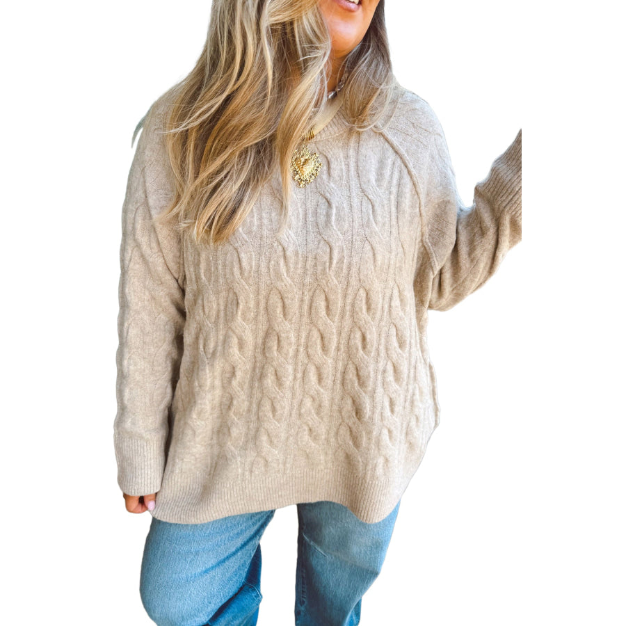 Parchment Oversized Cable Knit Long Sleeve Round Neck Tunic Length Plus Size Sweater Plus Size/Plus Size Sweaters & Cardigans
