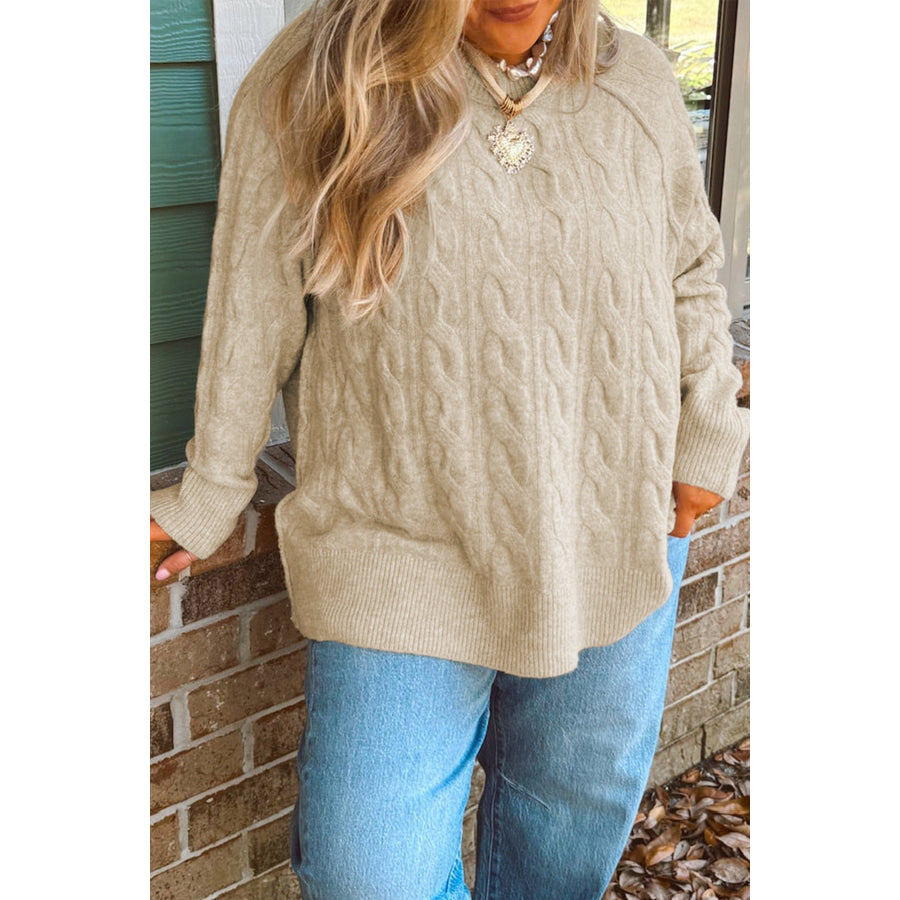 Parchment Oversized Cable Knit Long Sleeve Round Neck Tunic Length Plus Size Sweater Plus Size/Plus Size Sweaters & Cardigans