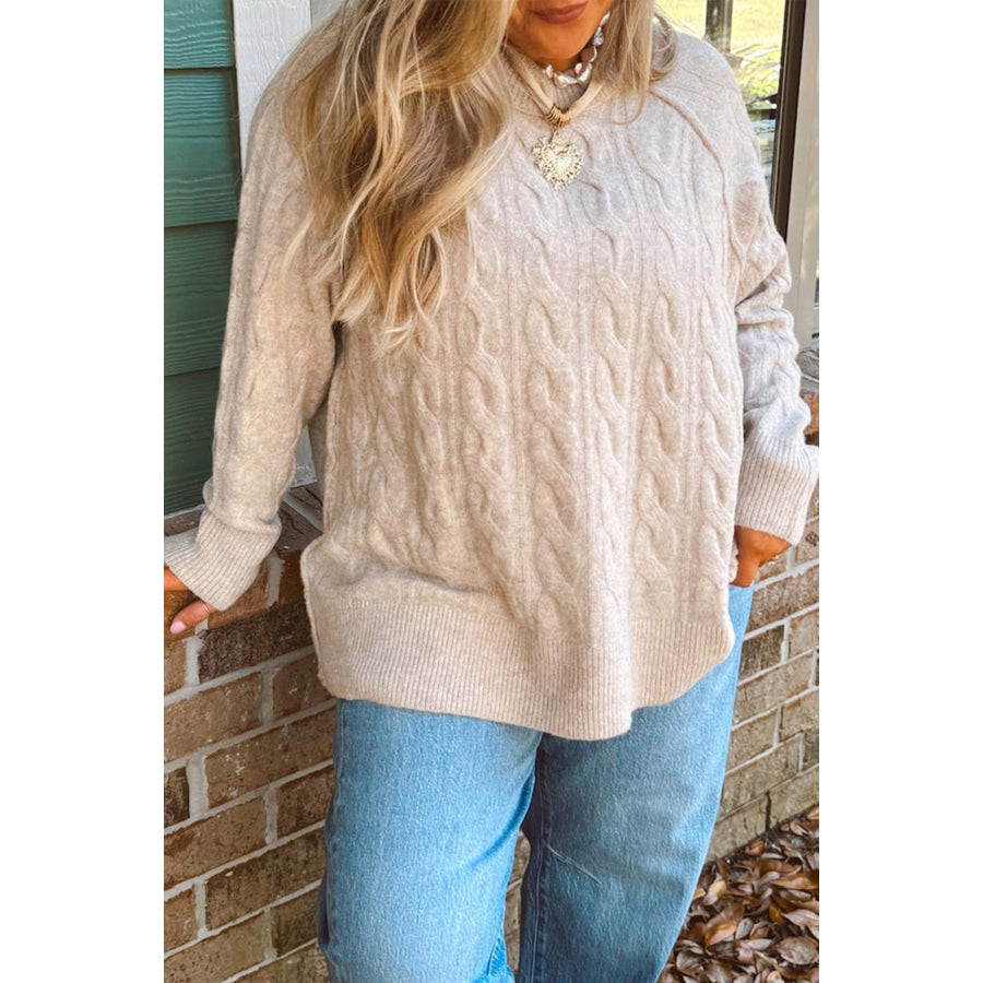 Parchment Oversized Cable Knit Long Sleeve Round Neck Tunic Length Plus Size Sweater Plus Size/Plus Size Sweaters & Cardigans