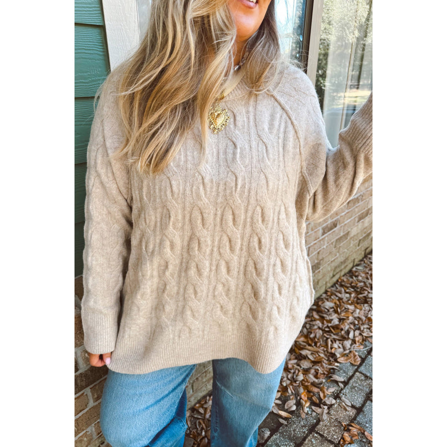 Parchment Oversized Cable Knit Long Sleeve Round Neck Tunic Length Plus Size Sweater Plus Size/Plus Size Sweaters & Cardigans