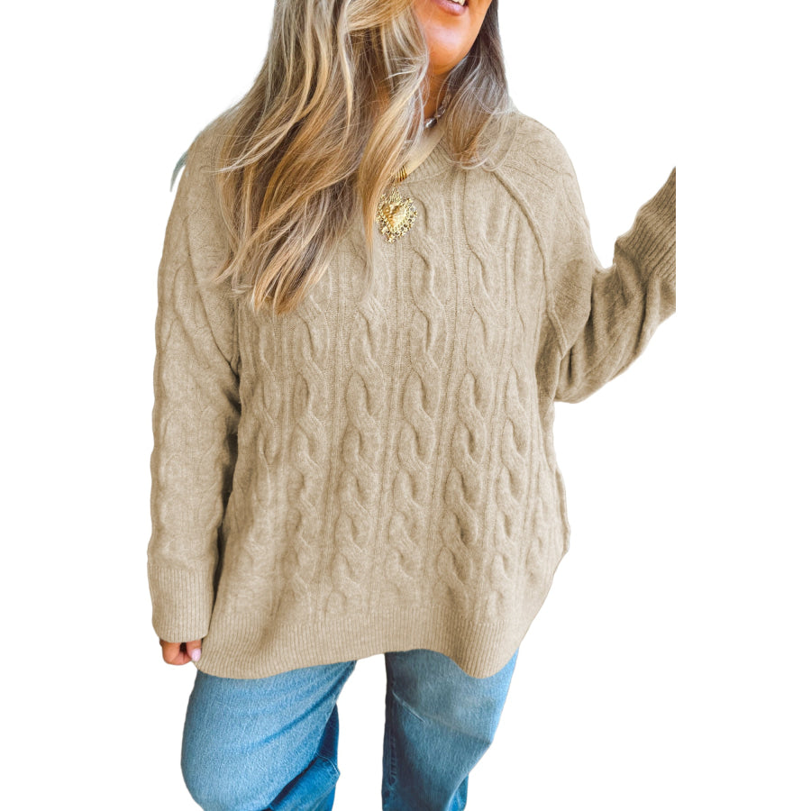 Parchment Oversized Cable Knit Long Sleeve Round Neck Tunic Length Plus Size Sweater Plus Size/Plus Size Sweaters & Cardigans