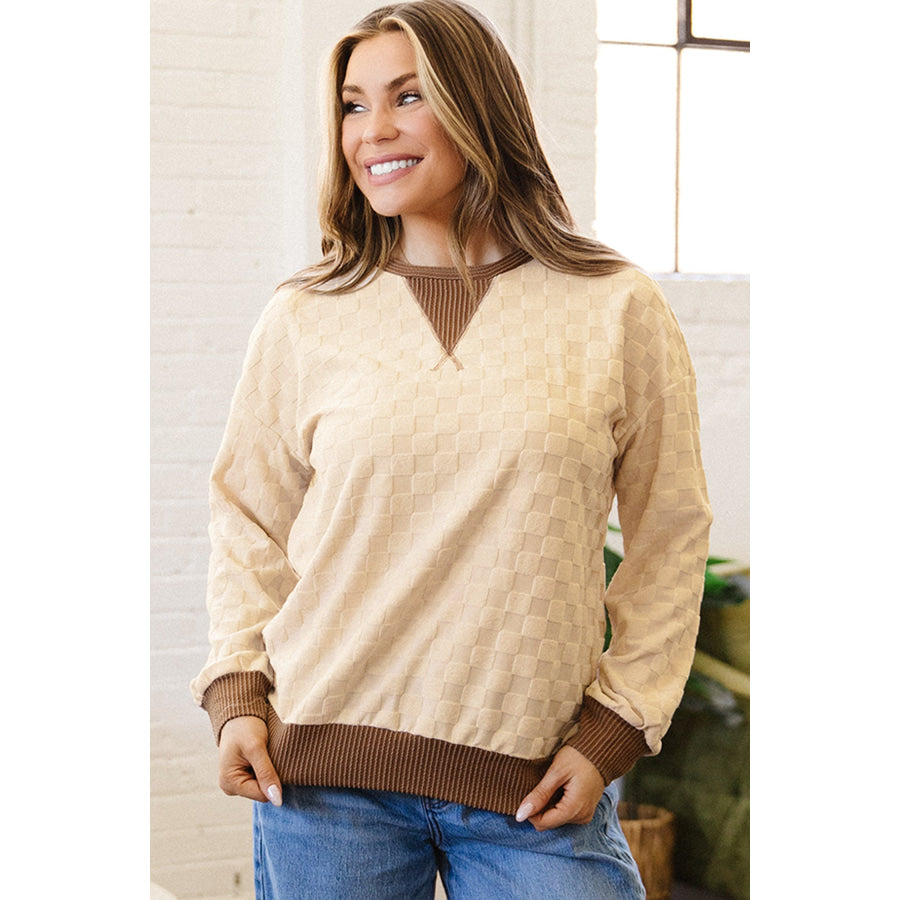 Parchment Plush Checkered Contrast Twisted Rib Long Sleeve Top Parchment / S / 100% Polyester Tops/Long Sleeve Tops