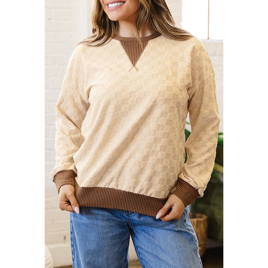Parchment Plush Checkered Contrast Twisted Rib Long Sleeve Top Tops/Long Sleeve Tops