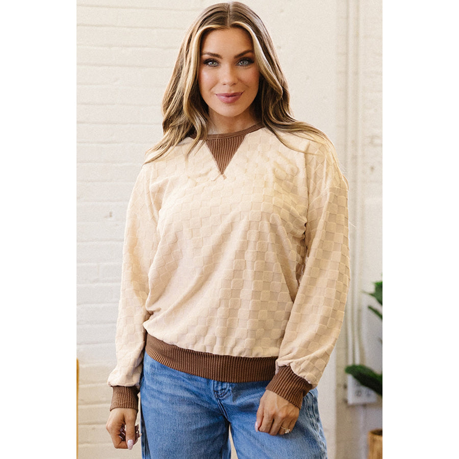Parchment Plush Checkered Contrast Twisted Rib Long Sleeve Top Tops/Long Sleeve Tops