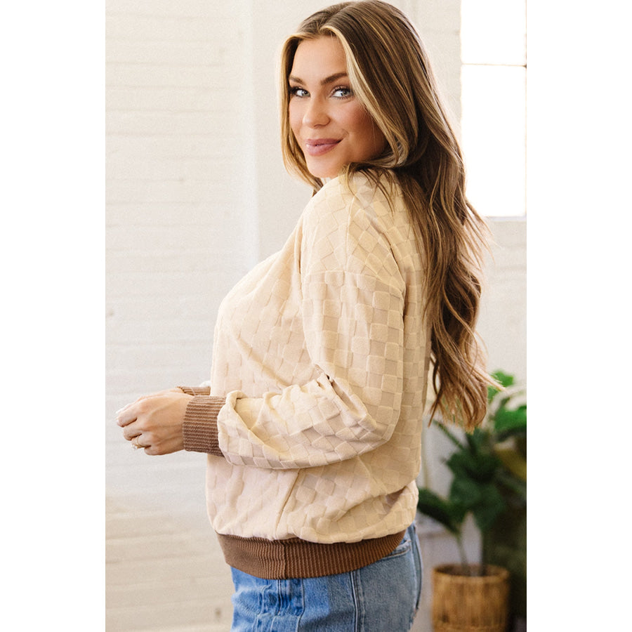 Parchment Plush Checkered Contrast Twisted Rib Long Sleeve Top Tops/Long Sleeve Tops