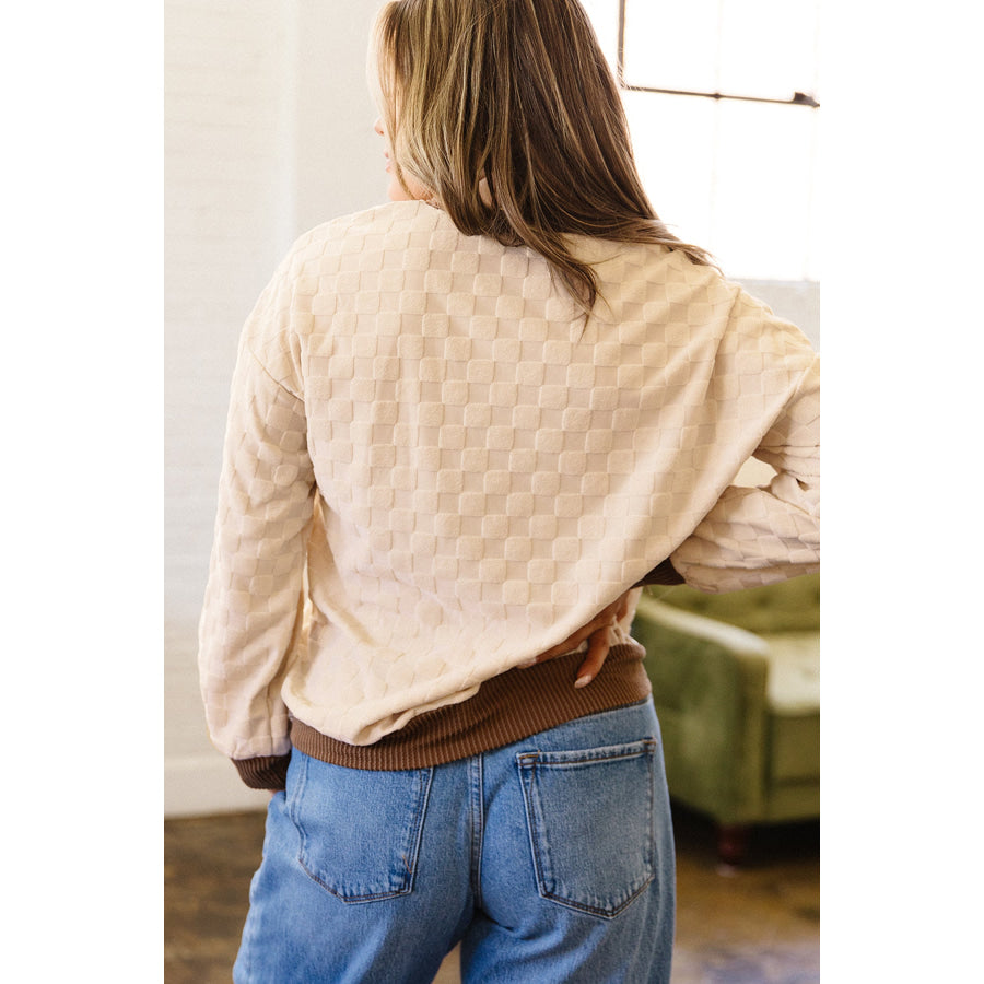 Parchment Plush Checkered Contrast Twisted Rib Long Sleeve Top Parchment / S / 100% Polyester Tops/Long Sleeve Tops