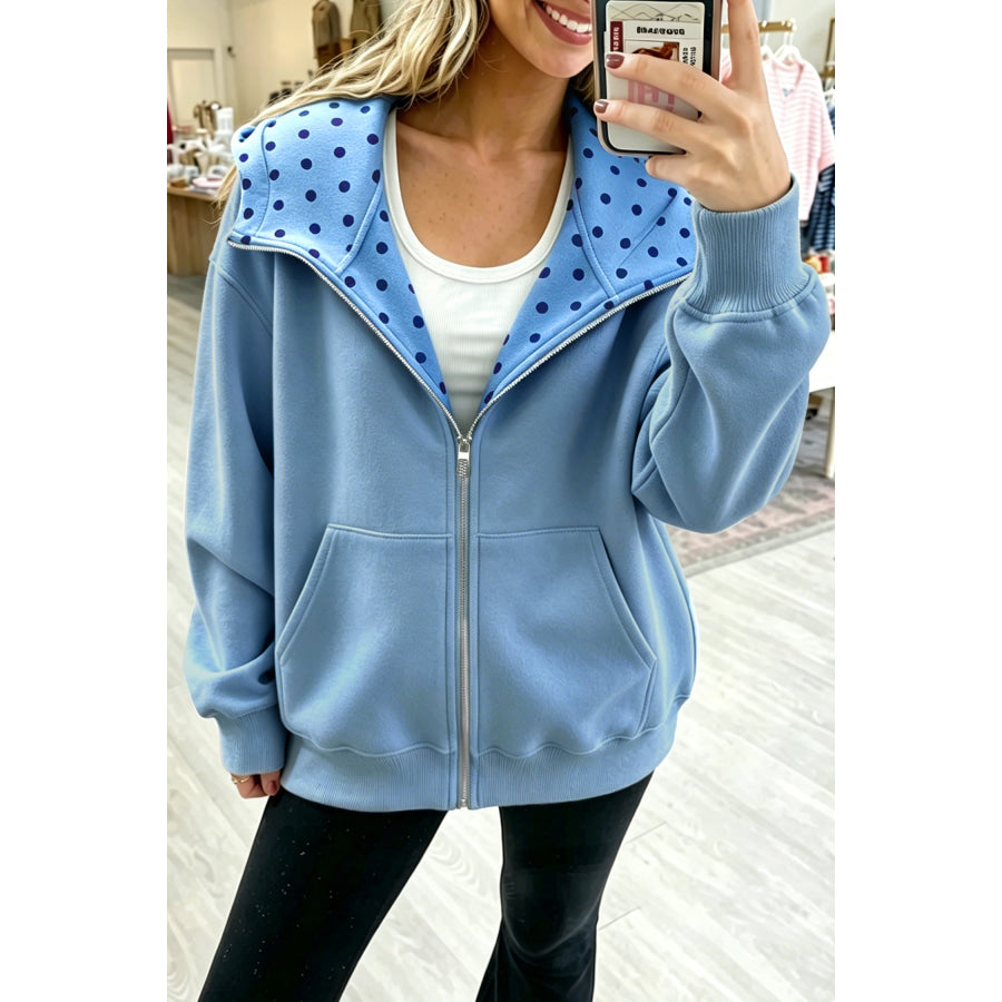 Parchment Polka Dot Hooded Zip-Up Sweatshirt Beau Blue / S Tops/Sweatshirts & Hoodies