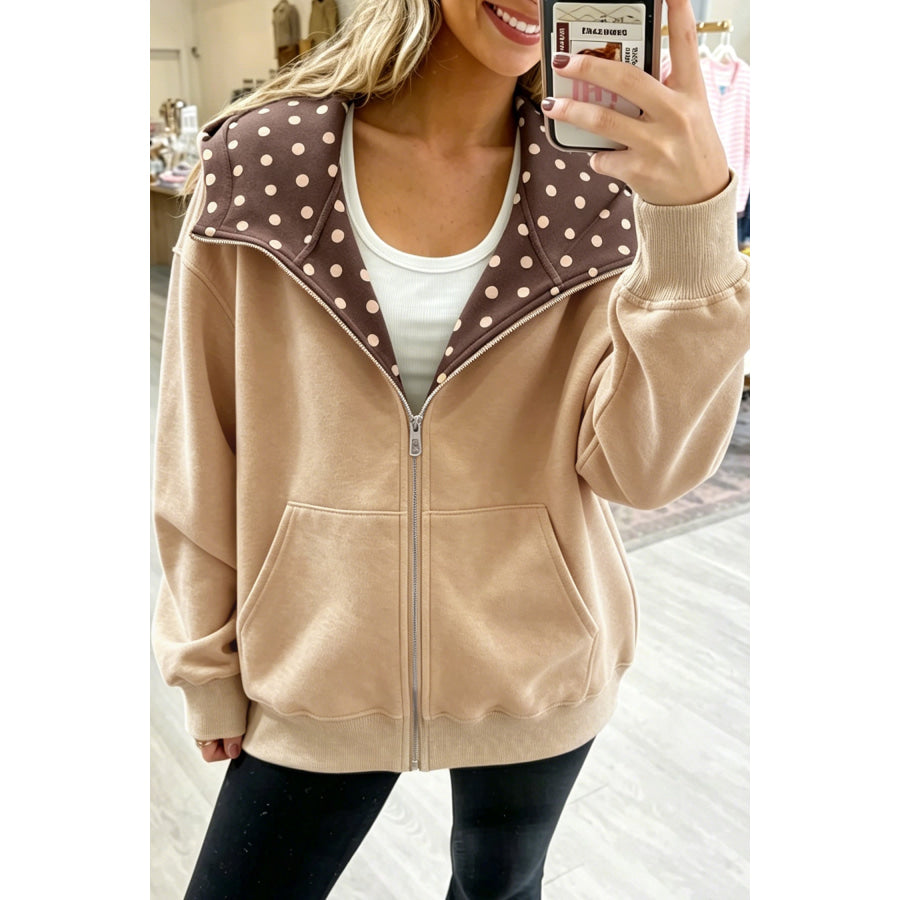 Parchment Polka Dot Hooded Zip-Up Sweatshirt / S Tops/Sweatshirts & Hoodies