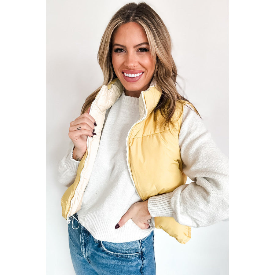 Parchment Reversible Double Wear Contrast Color Stand Neck Zip Pocket Quilted Vest Outerwear/Vests