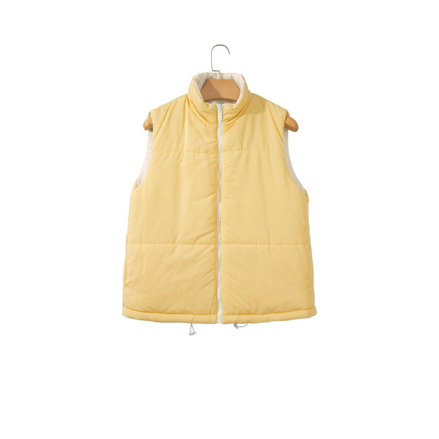 Parchment Reversible Double Wear Contrast Color Stand Neck Zip Pocket Quilted Vest Outerwear/Vests