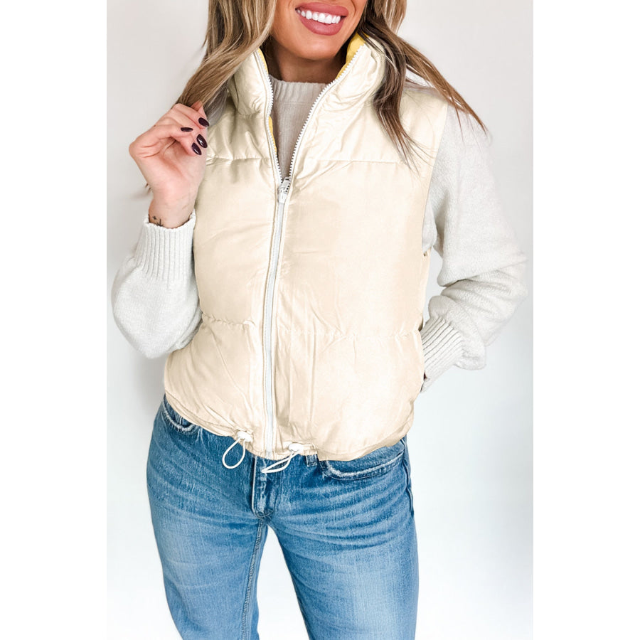 Parchment Reversible Double Wear Contrast Color Stand Neck Zip Pocket Quilted Vest Outerwear/Vests