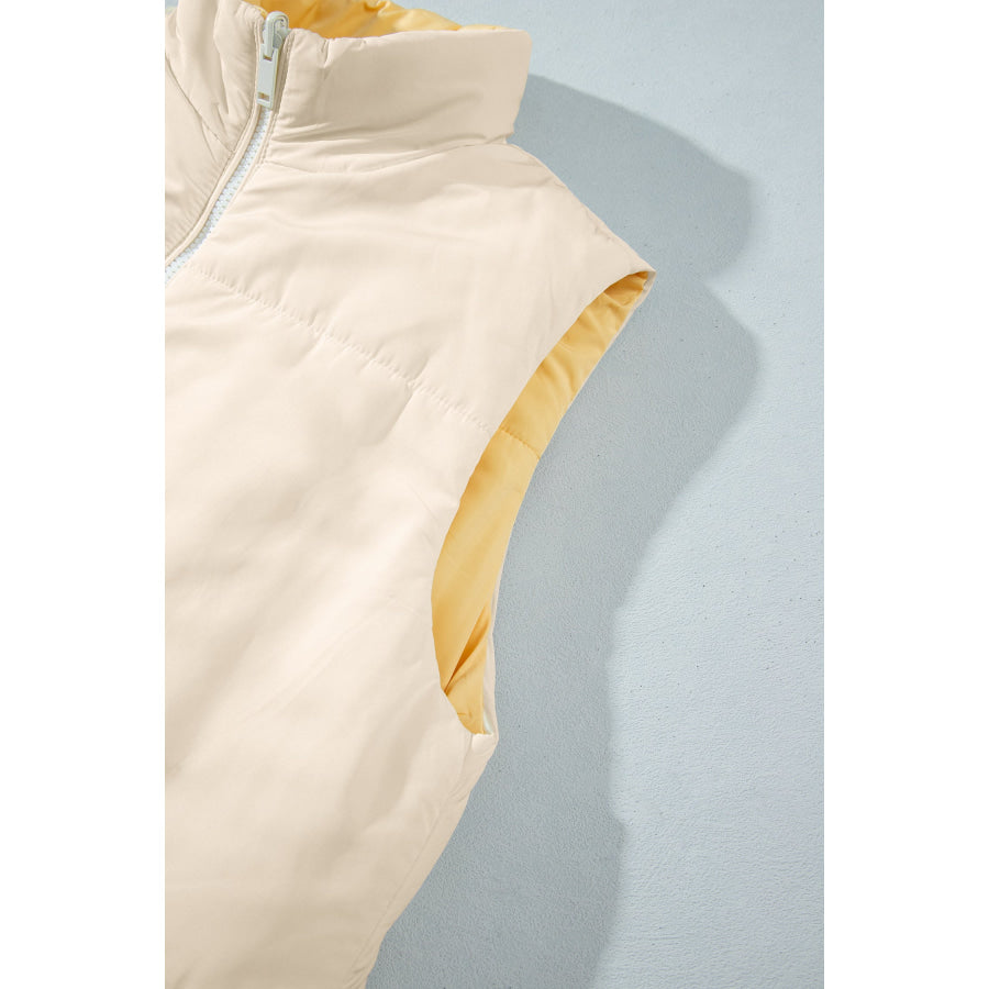 Parchment Reversible Double Wear Contrast Color Stand Neck Zip Pocket Quilted Vest Outerwear/Vests