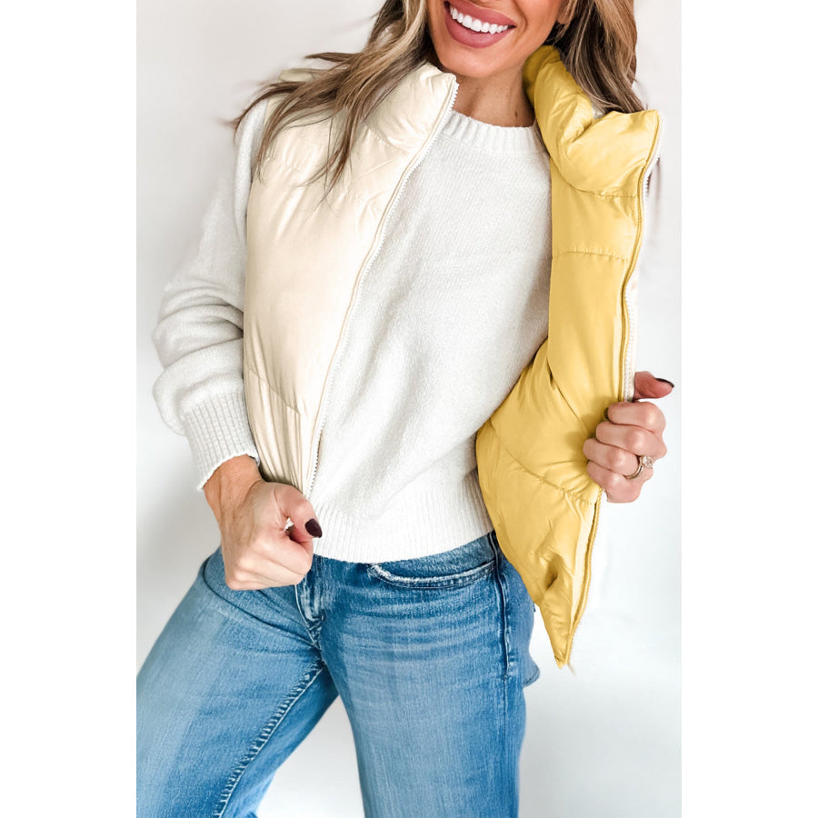 Parchment Reversible Double Wear Contrast Color Stand Neck Zip Pocket Quilted Vest Outerwear/Vests