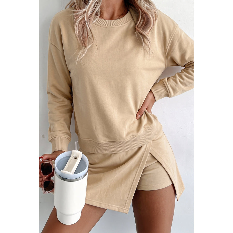 Parchment Solid Color Long Sleeve Top Split Skort 2pcs Outfit / S / 65% Polyester + 35% Cotton Two Piece Sets/Two Dresses