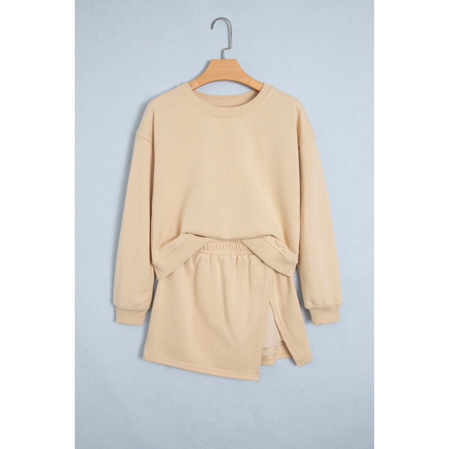 Parchment Solid Color Long Sleeve Top Split Skort 2pcs Outfit Two Piece Sets/Two Dresses