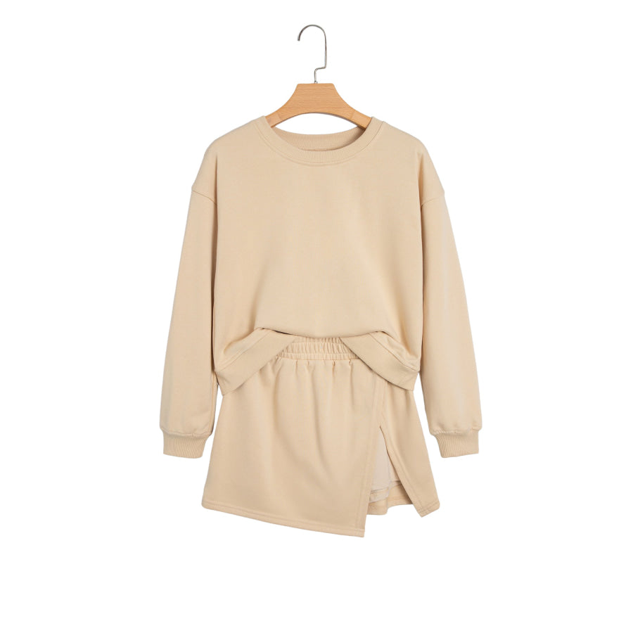Parchment Solid Color Long Sleeve Top Split Skort 2pcs Outfit Two Piece Sets/Two Dresses