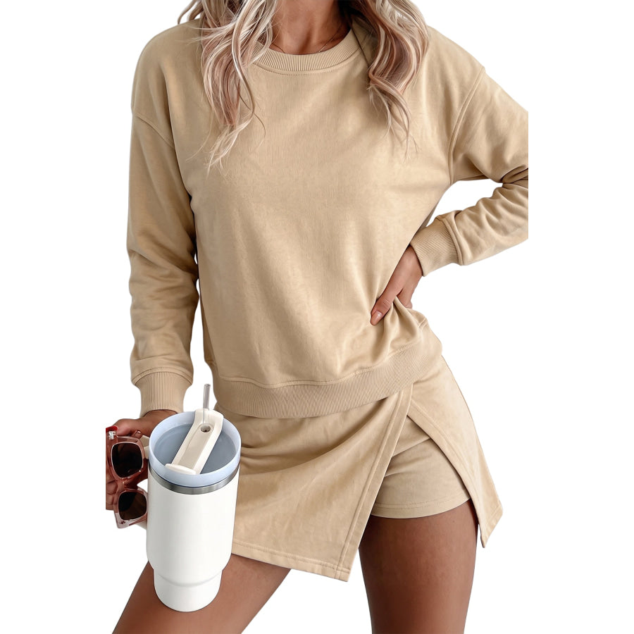 Parchment Solid Color Long Sleeve Top Split Skort 2pcs Outfit Two Piece Sets/Two Dresses