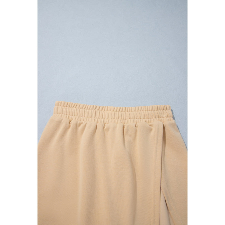 Parchment Solid Color Long Sleeve Top Split Skort 2pcs Outfit Two Piece Sets/Two Dresses