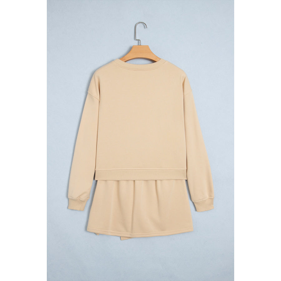 Parchment Solid Color Long Sleeve Top Split Skort 2pcs Outfit Two Piece Sets/Two Dresses