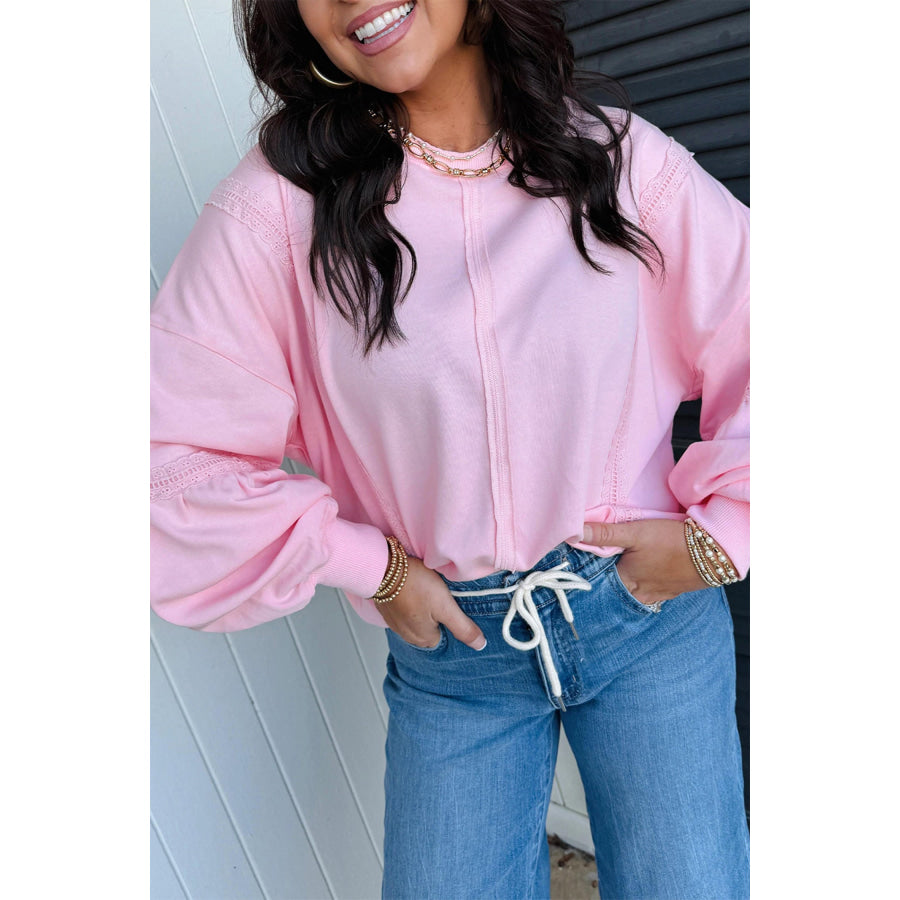 Parchment Solid Color Raw Seam Lace Detail Loose Casual Sweatshirt Pink / S / 65% Polyester + 35% Cotton Tops/Sweatshirts & Hoodies