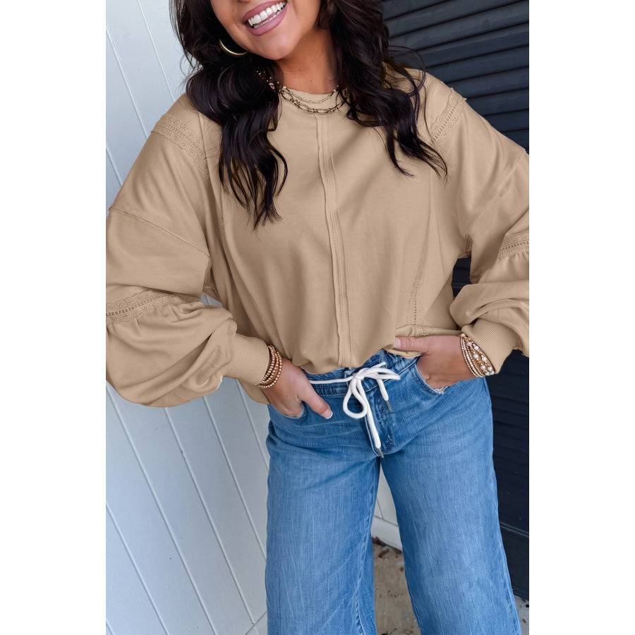Parchment Solid Color Raw Seam Lace Detail Loose Casual Sweatshirt / S / 65% Polyester + 35% Cotton Tops/Sweatshirts & Hoodies