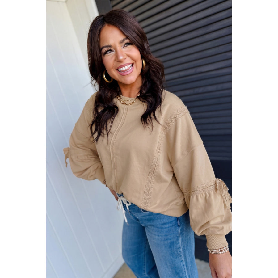 Parchment Solid Color Raw Seam Lace Detail Loose Casual Sweatshirt Tops/Sweatshirts & Hoodies