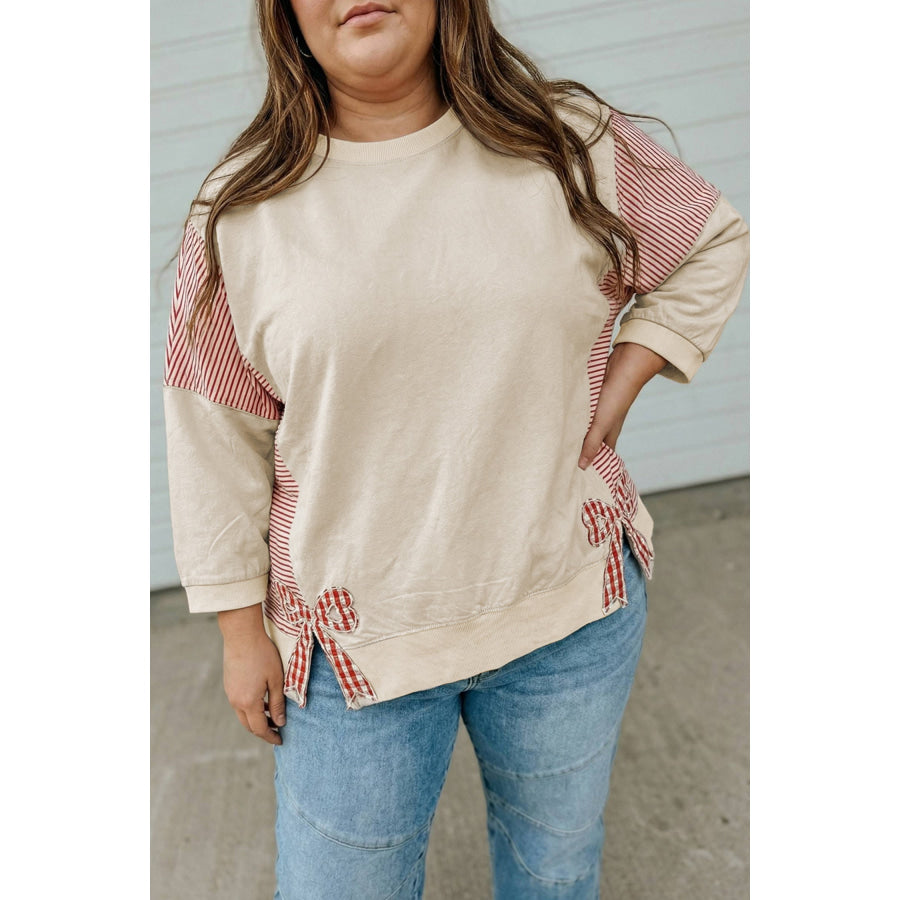 Parchment Striped Colorblock Patchwork Bow Detail Bracelet Sleeve Plus Size Top Plus Size/Plus Size Tops/Plus Size Long Sleeve Tops