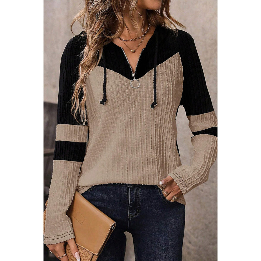 Parchment Textured Colorblock Long Sleeve Quarter Zip Drawstring Hooded Top Parchment / S / 95% Polyester + 5% Elastane Tops/Long Sleeve