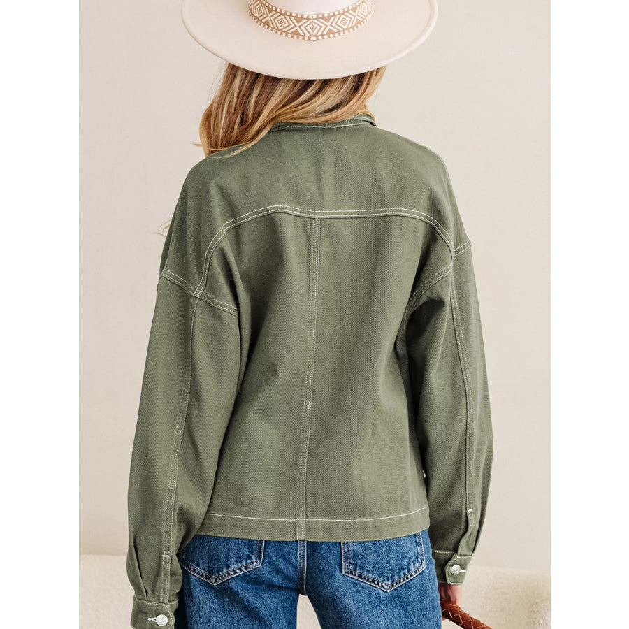 Patched Pocket Collared Button Front Boyfriend Denim Jacket Apparel and Accessories