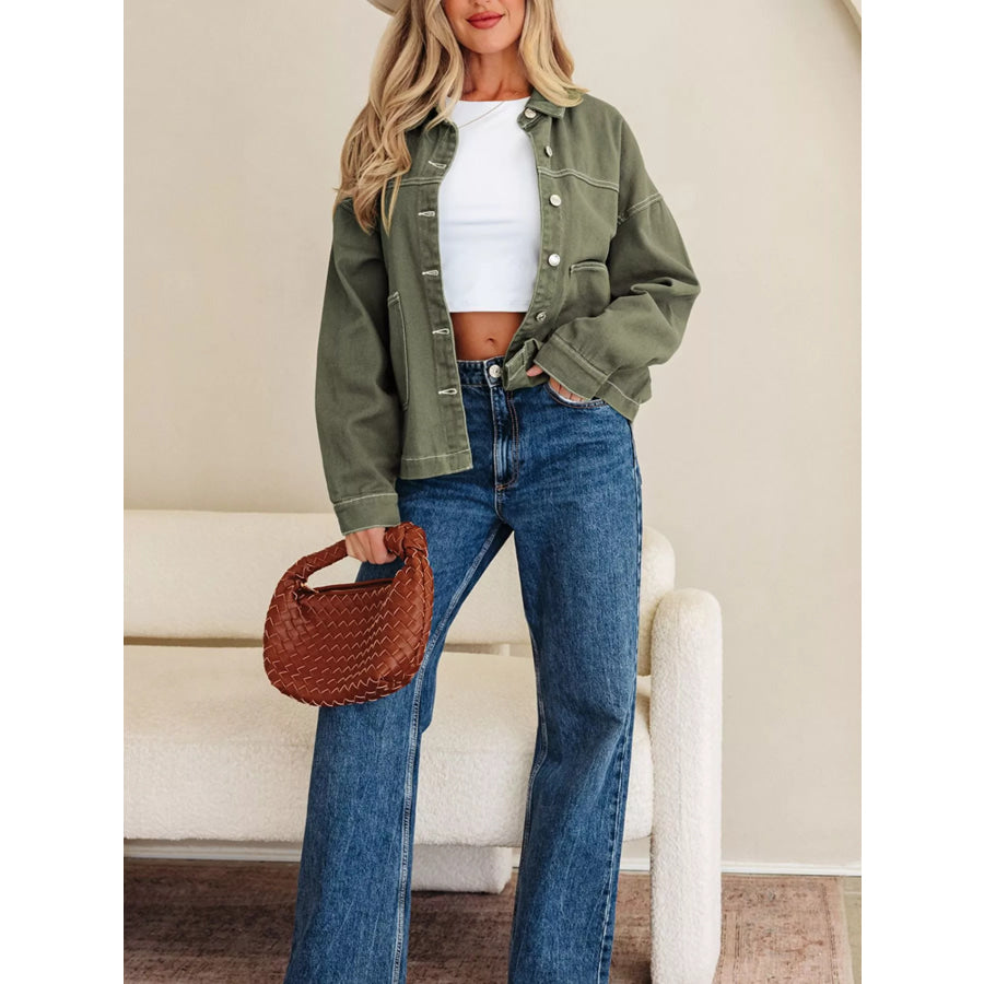 Patched Pocket Collared Button Front Boyfriend Denim Jacket Apparel and Accessories