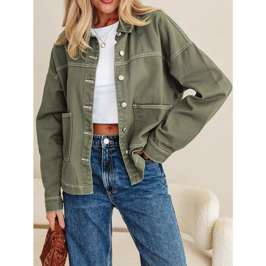 Patched Pocket Collared Button Front Boyfriend Denim Jacket Apparel and Accessories