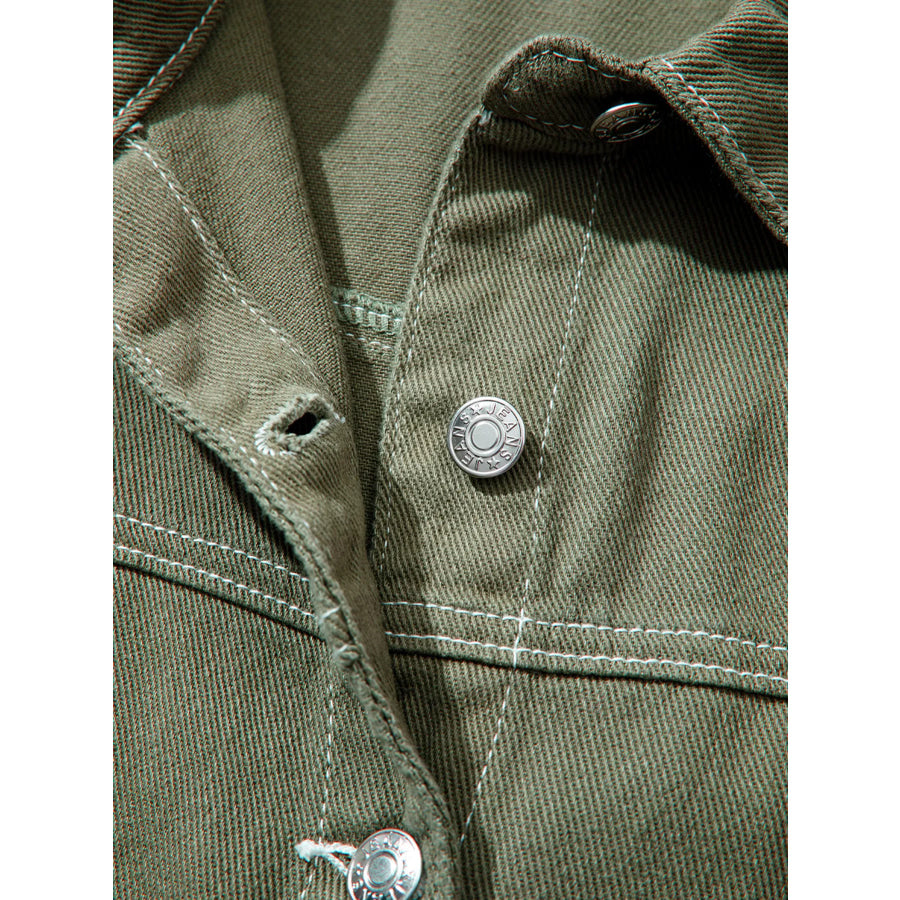 Patched Pocket Collared Button Front Boyfriend Denim Jacket Apparel and Accessories