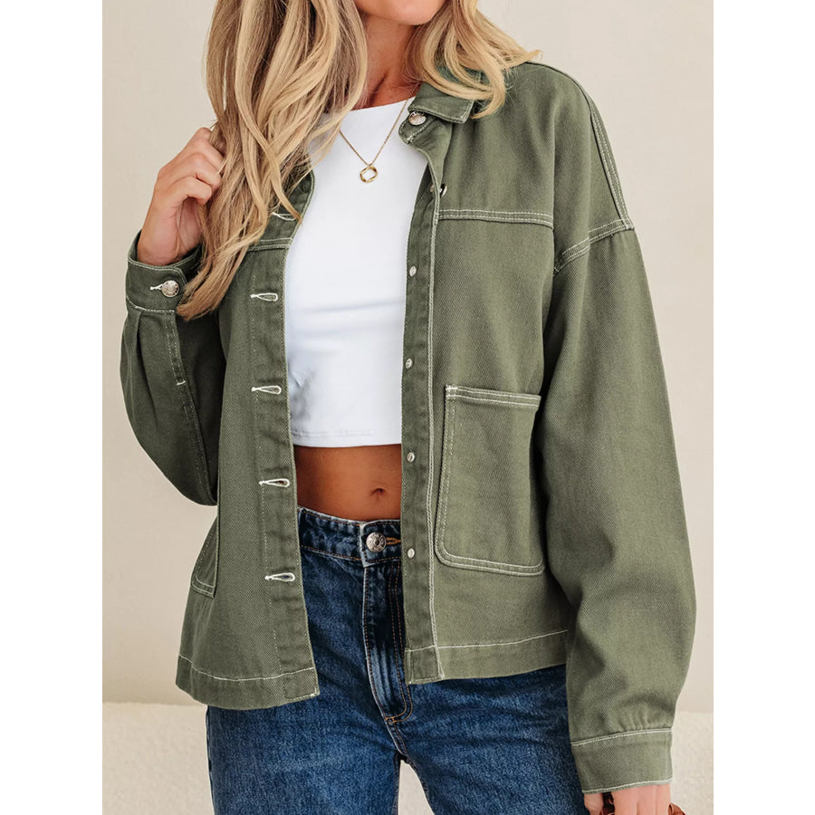 Patched Pocket Collared Button Front Boyfriend Denim Jacket Apparel and Accessories
