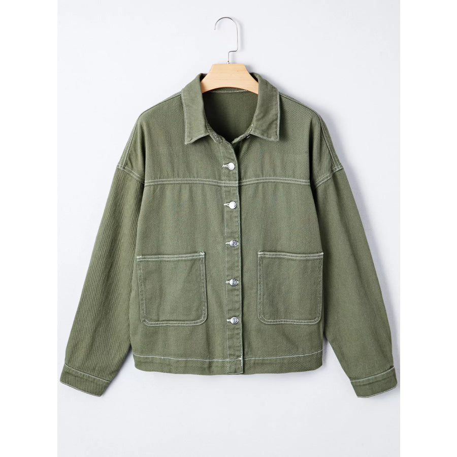 Patched Pocket Collared Button Front Boyfriend Denim Jacket Apparel and Accessories