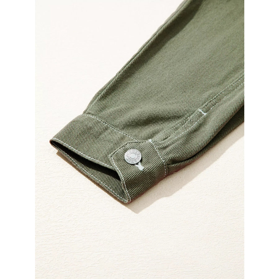 Patched Pocket Collared Button Front Boyfriend Denim Jacket Apparel and Accessories