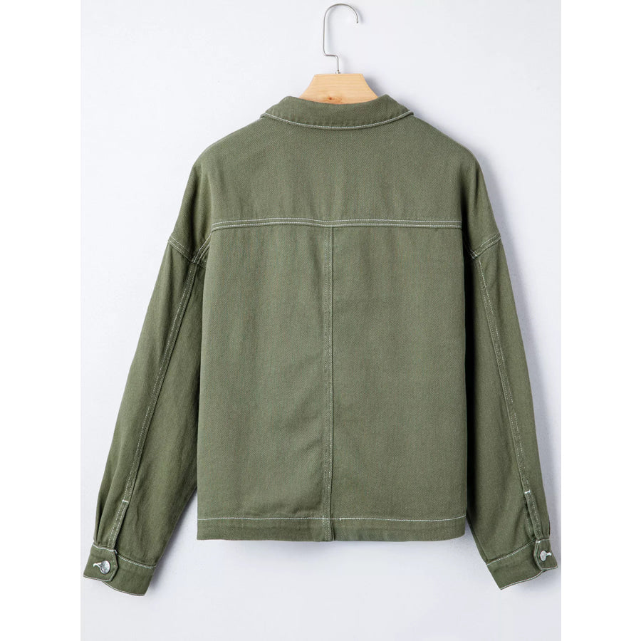 Patched Pocket Collared Button Front Boyfriend Denim Jacket Apparel and Accessories