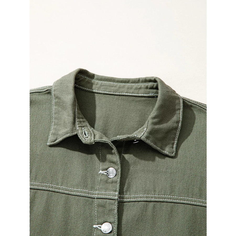 Patched Pocket Collared Button Front Boyfriend Denim Jacket Apparel and Accessories