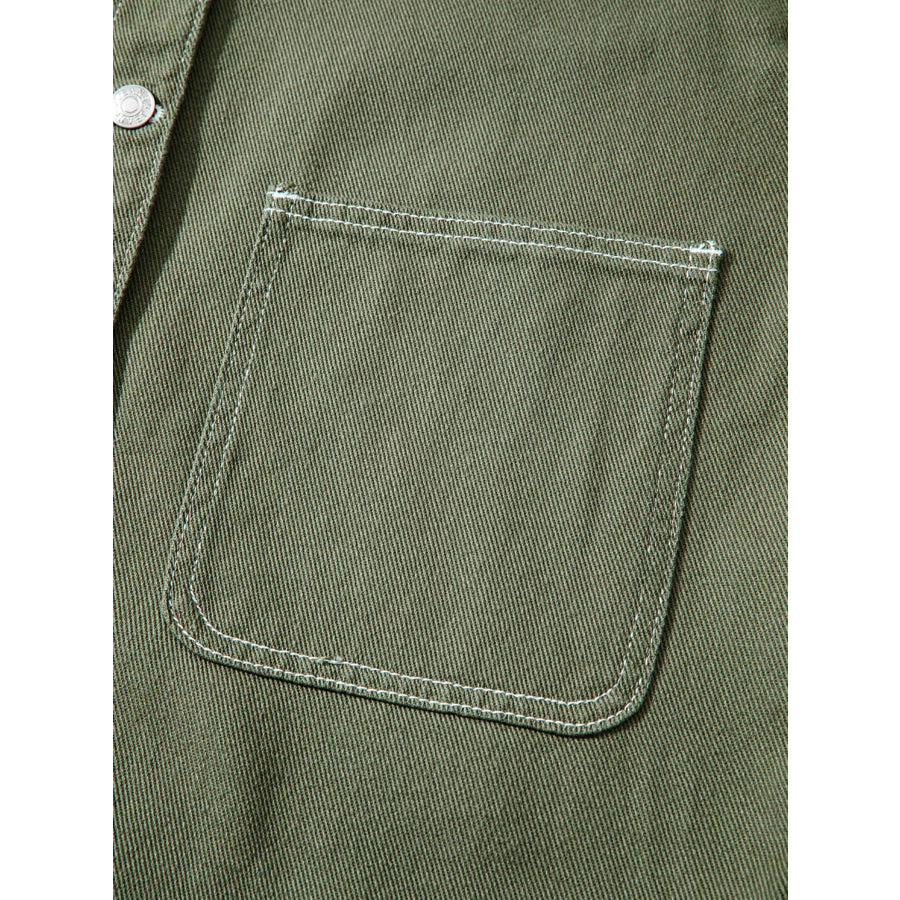 Patched Pocket Collared Button Front Boyfriend Denim Jacket Apparel and Accessories