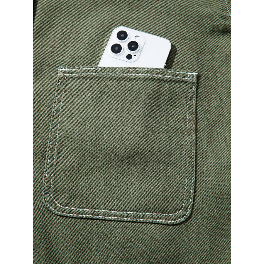 Patched Pocket Collared Button Front Boyfriend Denim Jacket Apparel and Accessories