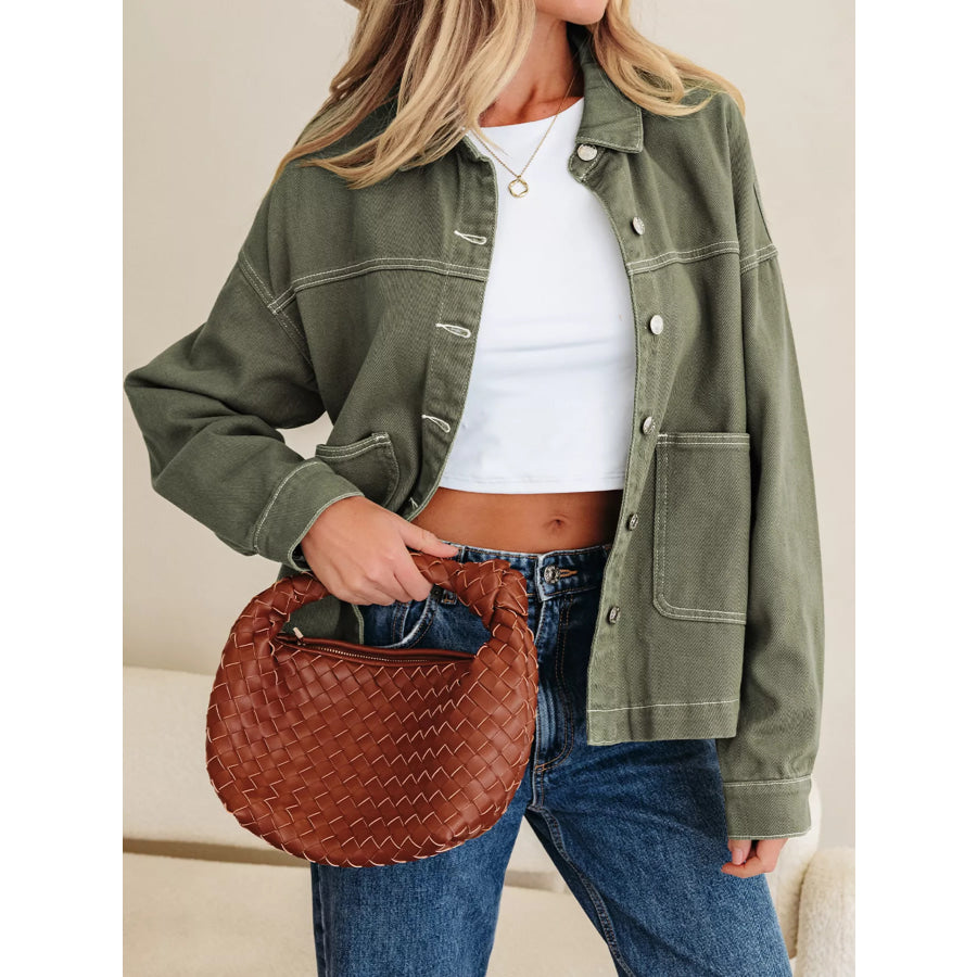 Patched Pocket Collared Button Front Boyfriend Denim Jacket Apparel and Accessories