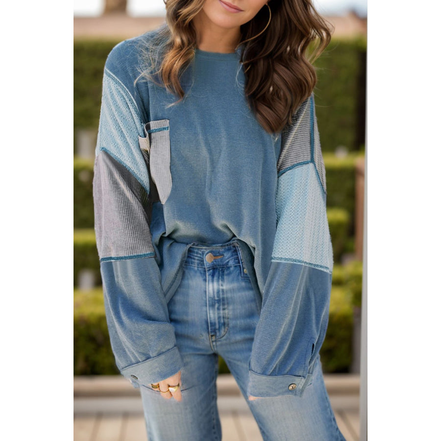 Patchwork Color Block Round Neck Long Sleeve Top Dusty Blue / S Apparel and Accessories
