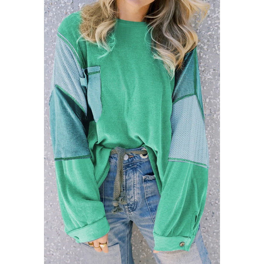 Patchwork Color Block Round Neck Long Sleeve Top Green / XL Apparel and Accessories