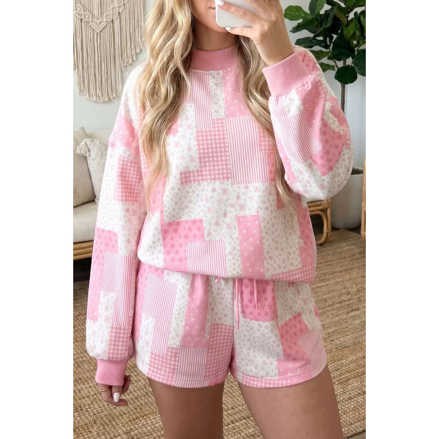 Patchwork Floral Print Drop Shoulder Baggy Pullover Drawstring Shorts Set Apparel and Accessories