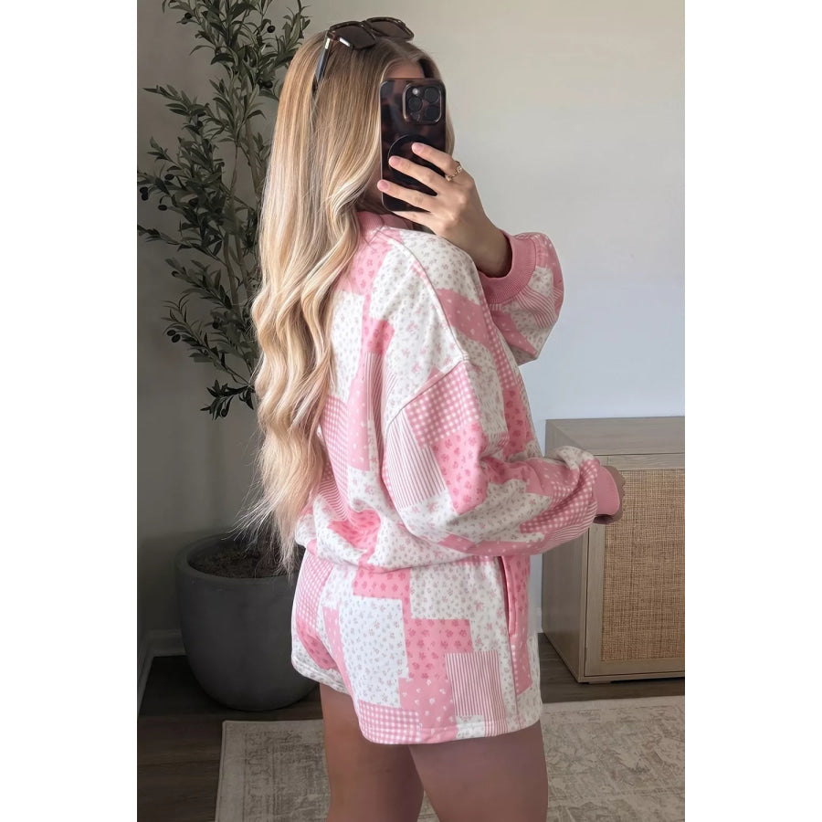 Patchwork Floral Print Drop Shoulder Baggy Pullover Drawstring Shorts Set Apparel and Accessories