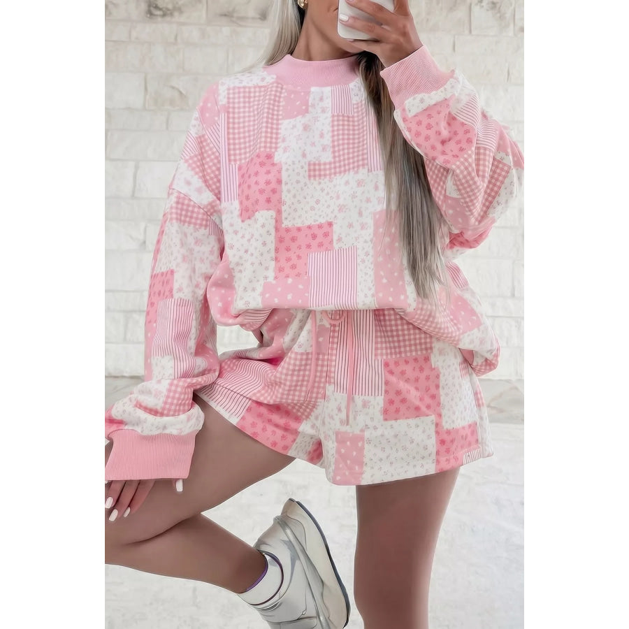 Patchwork Floral Print Drop Shoulder Baggy Pullover Drawstring Shorts Set Blush Pink / S Apparel and Accessories