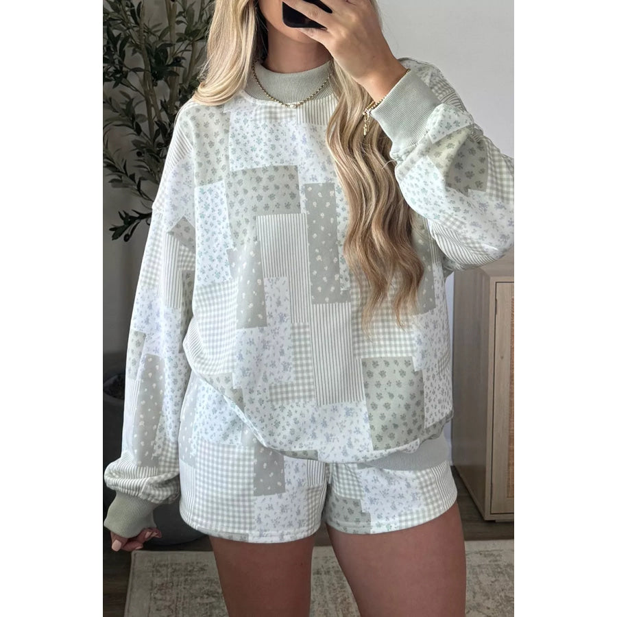 Patchwork Floral Print Drop Shoulder Baggy Pullover Drawstring Shorts Set Sage / S Apparel and Accessories