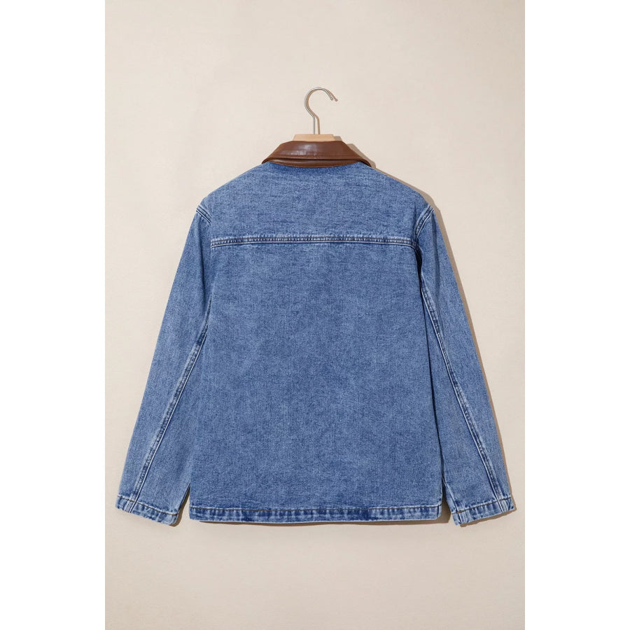 Patchwork Leather Collar Long Sleeve Denim Jacket Apparel and Accessories