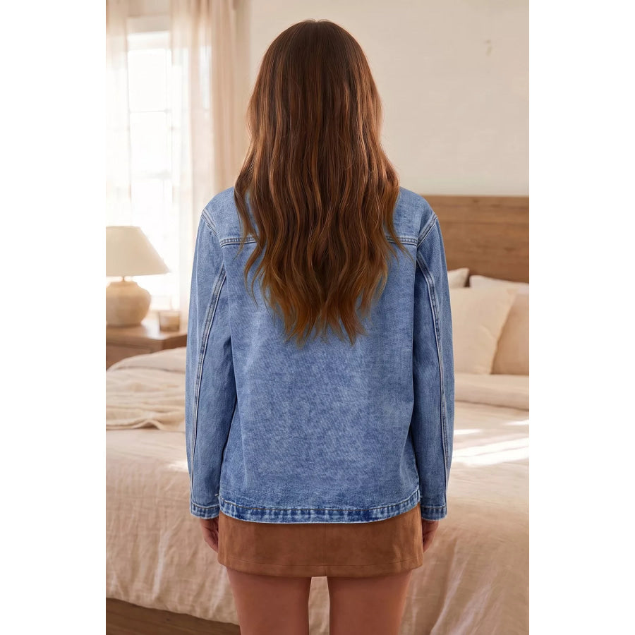 Patchwork Leather Collar Long Sleeve Denim Jacket Dusty Blue / S Apparel and Accessories