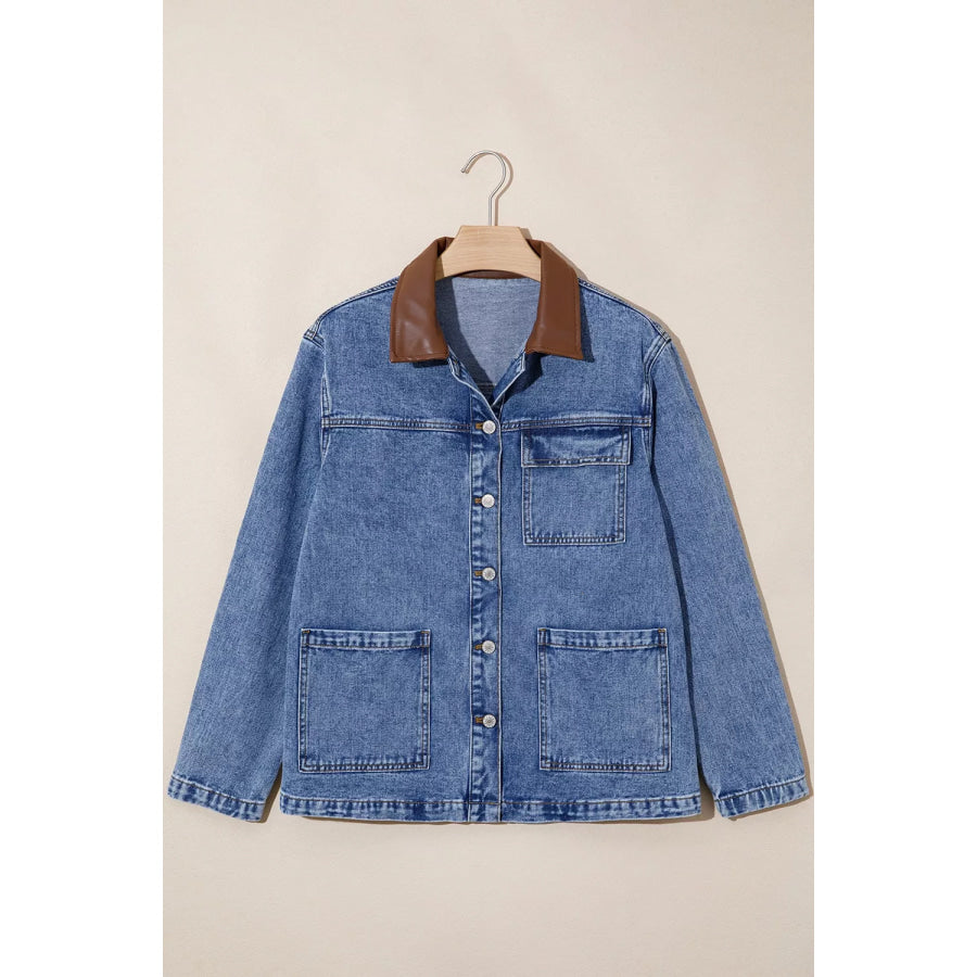 Patchwork Leather Collar Long Sleeve Denim Jacket Apparel and Accessories
