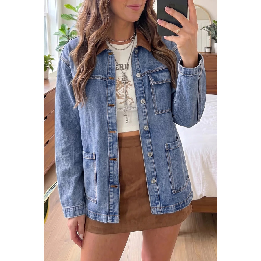 Patchwork Leather Collar Long Sleeve Denim Jacket Dusty Blue / S Apparel and Accessories
